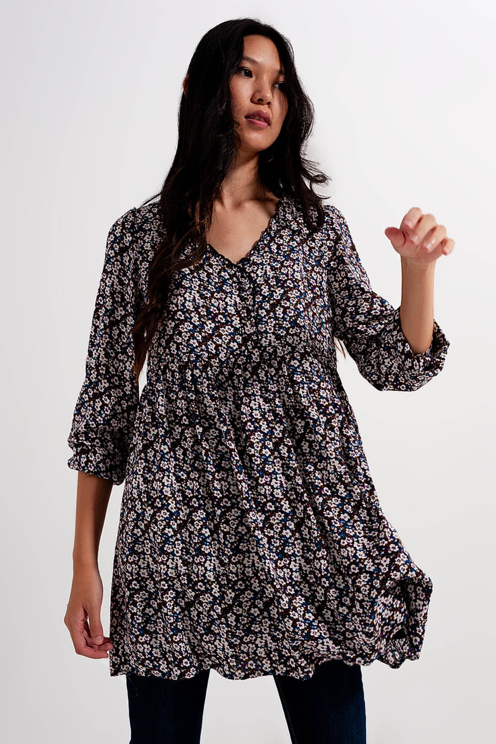 Button through mini dress in brown floral