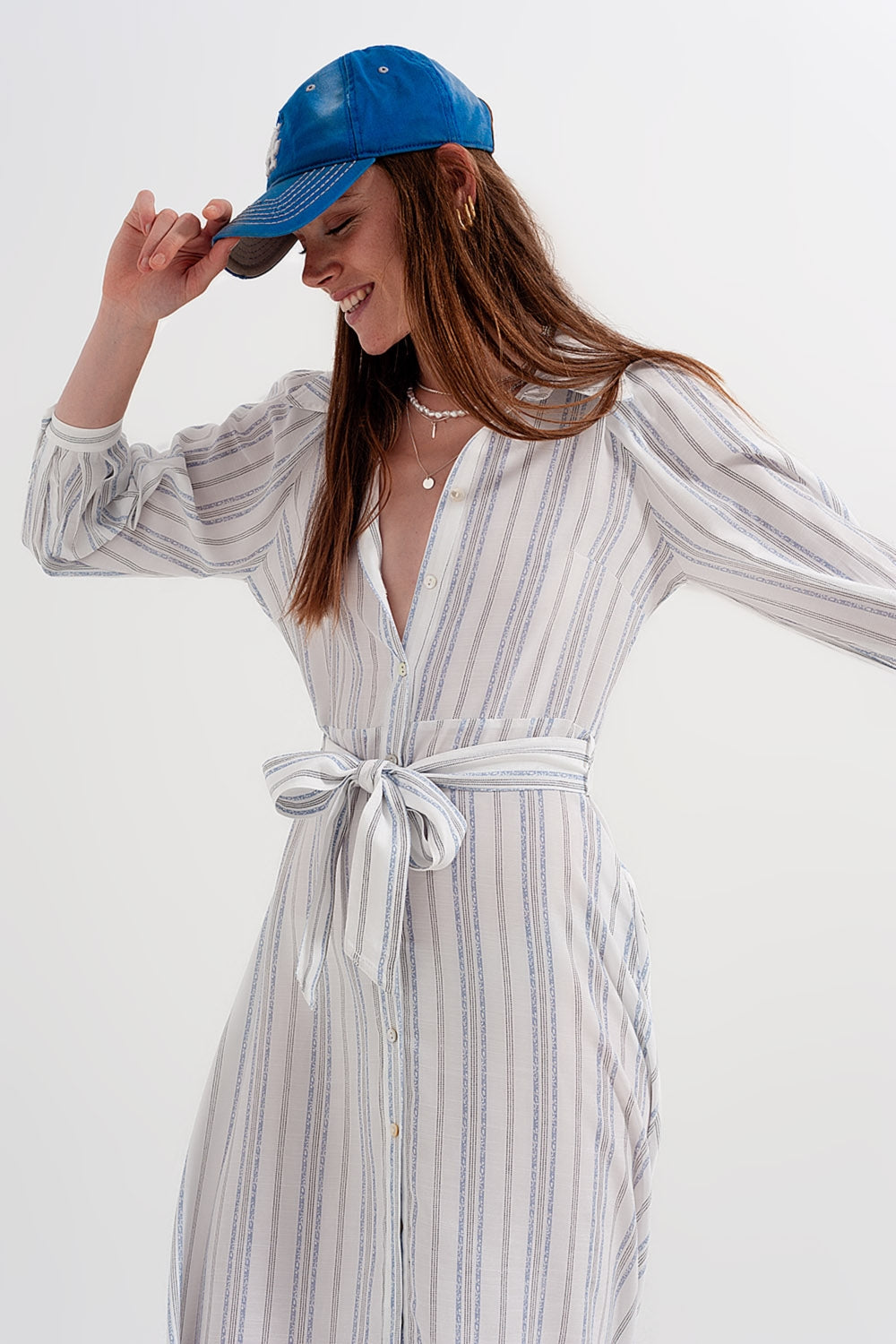 Button through smock midi dress in stripe