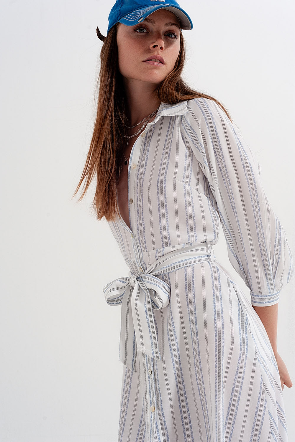 Button through smock midi dress in stripe