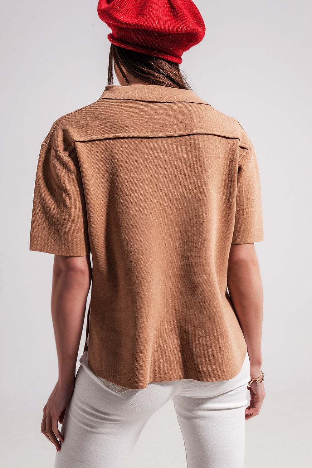 Camel knit short sleeve jumper