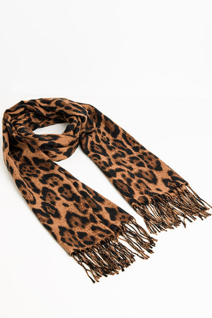 camel Leopard print fluffy knit scarf with rhinestone details