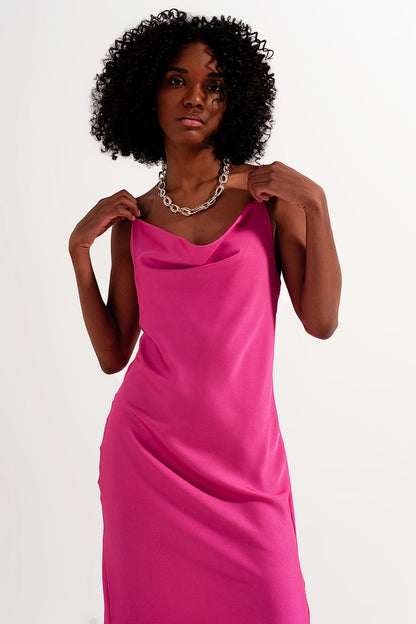 Cami midi slip dress in high shine satin in fuchsia