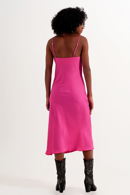 Cami midi slip dress in high shine satin in fuchsia