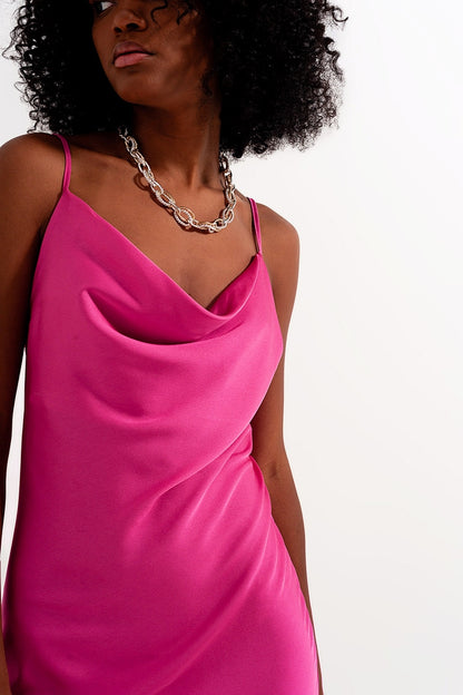 Cami midi slip dress in high shine satin in fuchsia