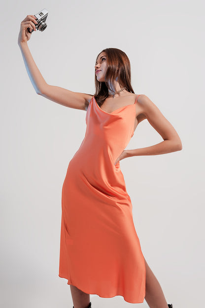 Cami midi slip dress in high shine satin in orange