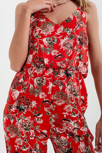 Cami strap jumpsuit in red floral print