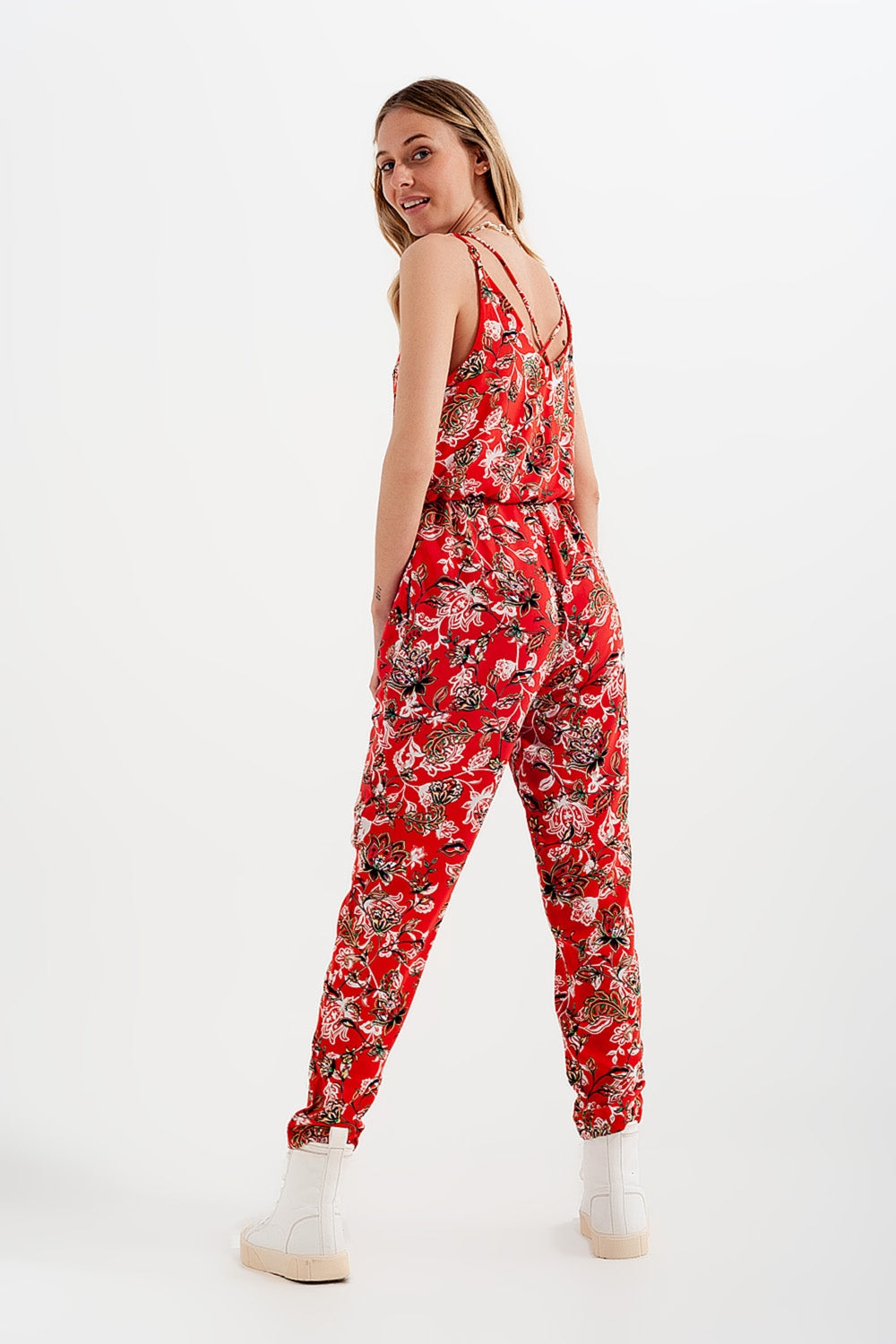 Cami strap jumpsuit in red floral print