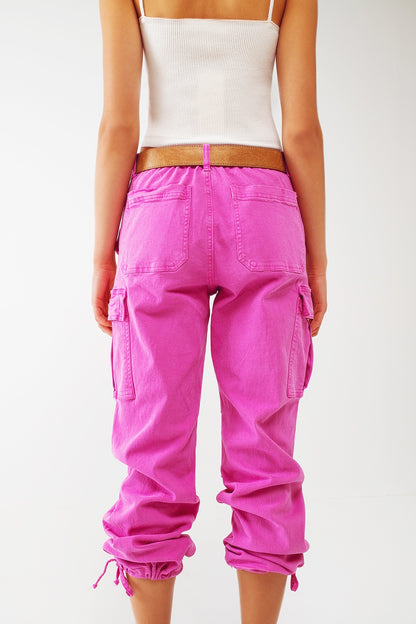 Cargo Pants with Tassel ends in Fuchsia