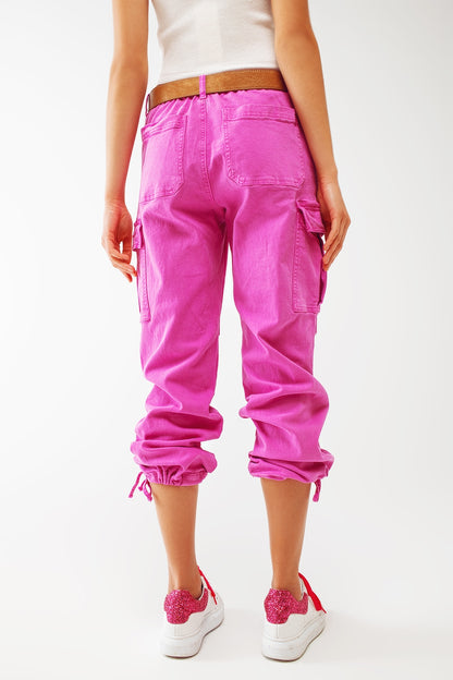 Cargo Pants with Tassel ends in Fuchsia