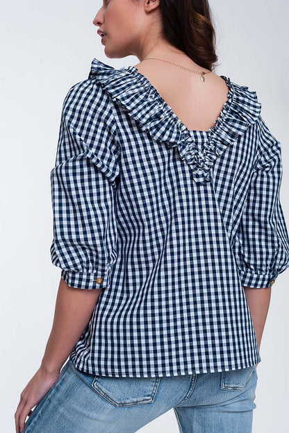 Check square neck top in navy