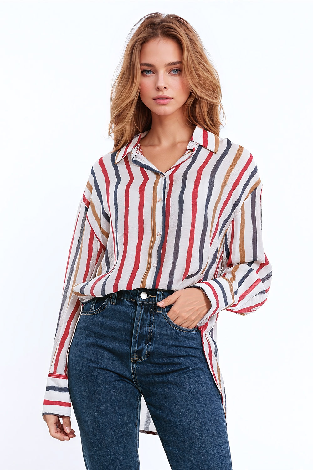 Q2 chiffon long sleeve shirt with multicolor stripes red and navy