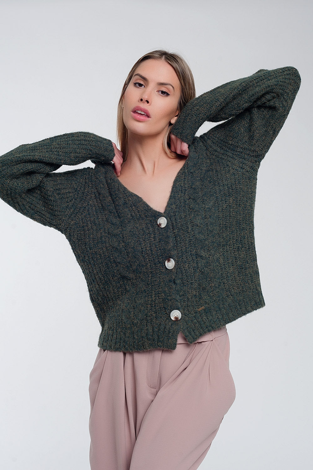 Q2 Chunky knit cardigan in khaki