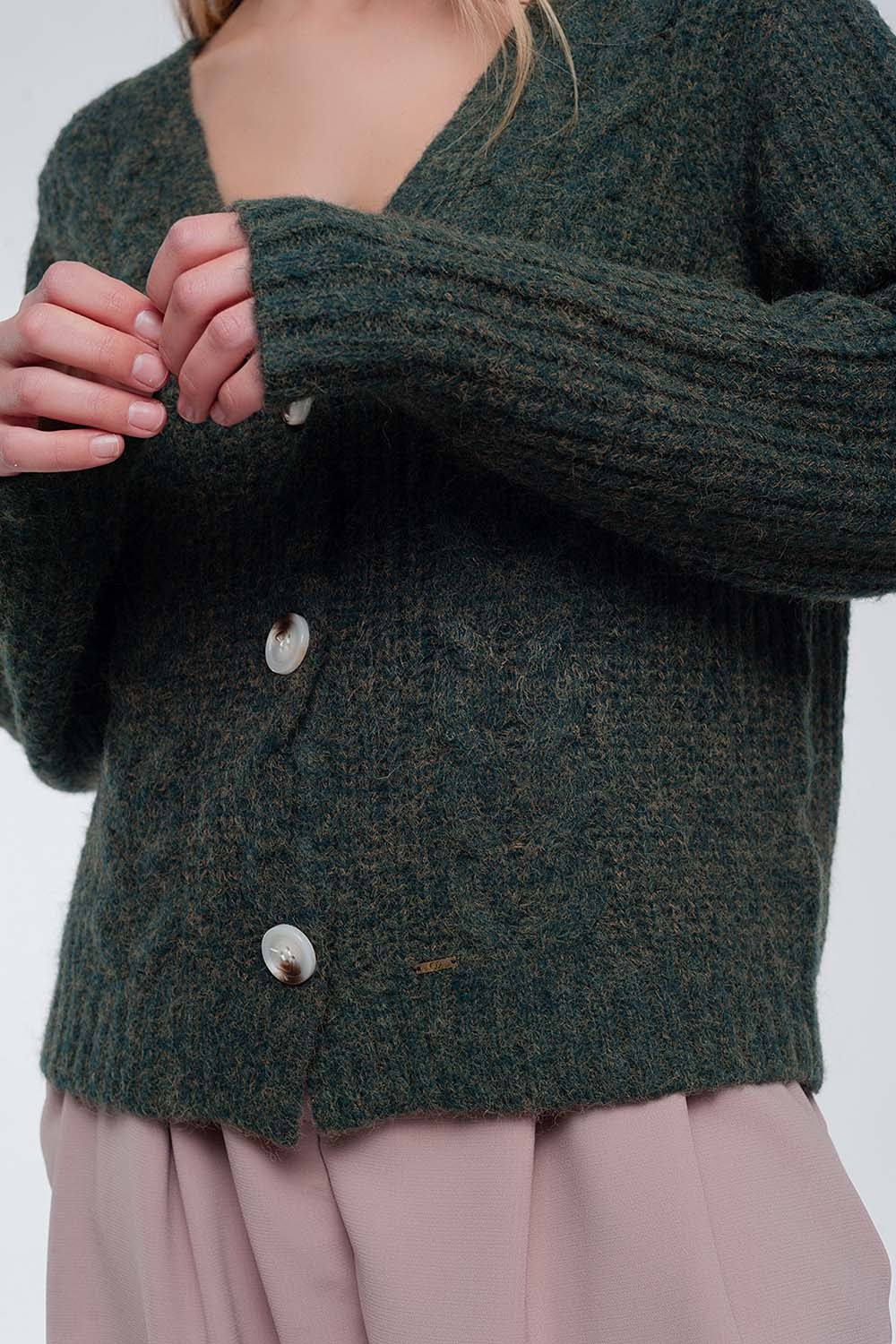 Chunky knit cardigan in khaki