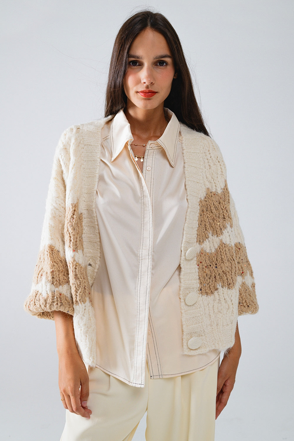 Chunky Knit Striped Cardigan With Sequin Details in Cream