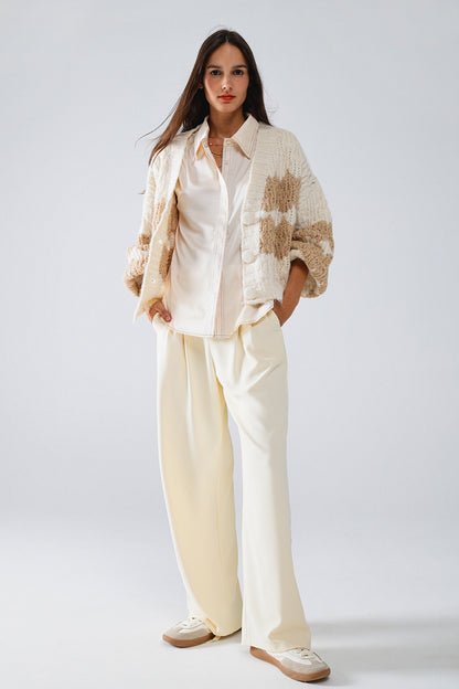 Chunky Knit Striped Cardigan With Sequin Details in Cream