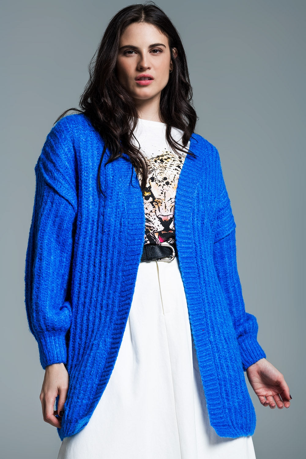 Q2 Chunky Rib Cardigan With 3/4 Sleeve in Royal Blue