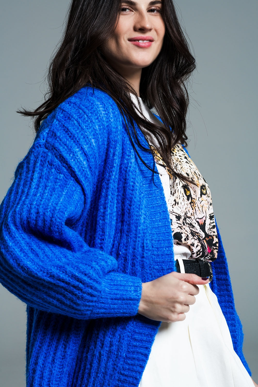 Chunky Rib Cardigan With 3/4 Sleeve in Royal Blue