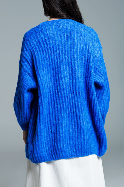 Chunky Rib Cardigan With 3/4 Sleeve in Royal Blue