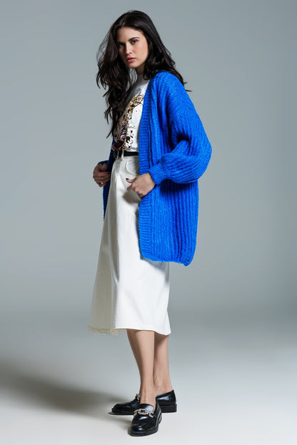 Chunky Rib Cardigan With 3/4 Sleeve in Royal Blue