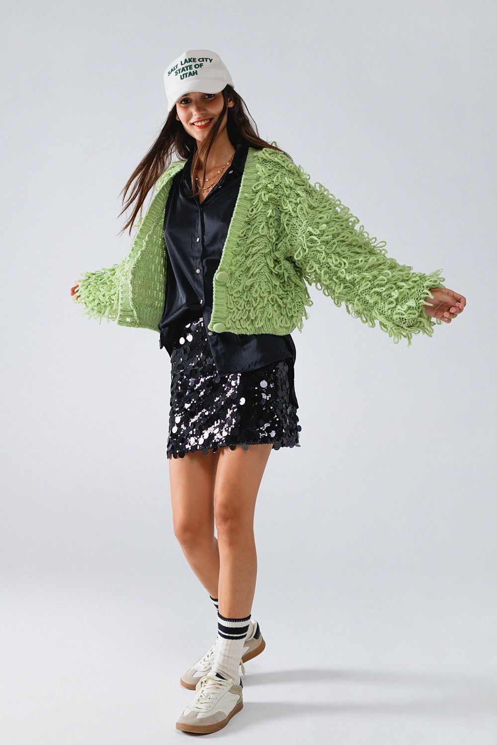 Chunky Textured Cardigan in Green with Long Fringe