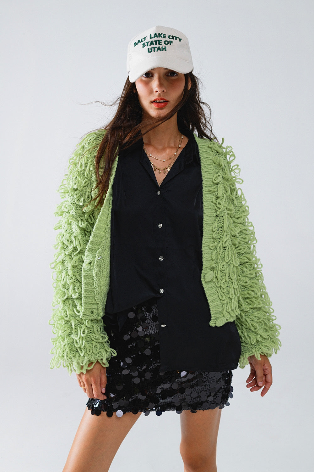 Chunky Textured Cardigan in Green with Long Fringe