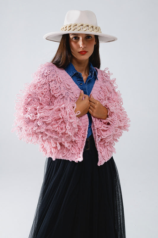 Q2 Chunky Textured Cardigan in Pink with Long Fringe