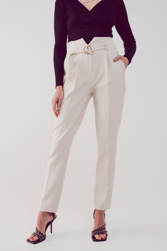 Q2 cigarette pants with paper-bag waist in cream