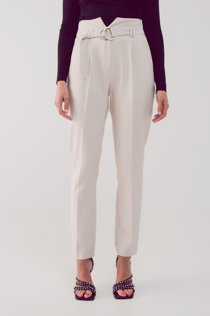 cigarette pants with paper-bag waist in cream