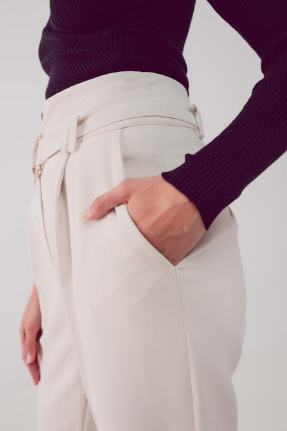 cigarette pants with paper-bag waist in cream