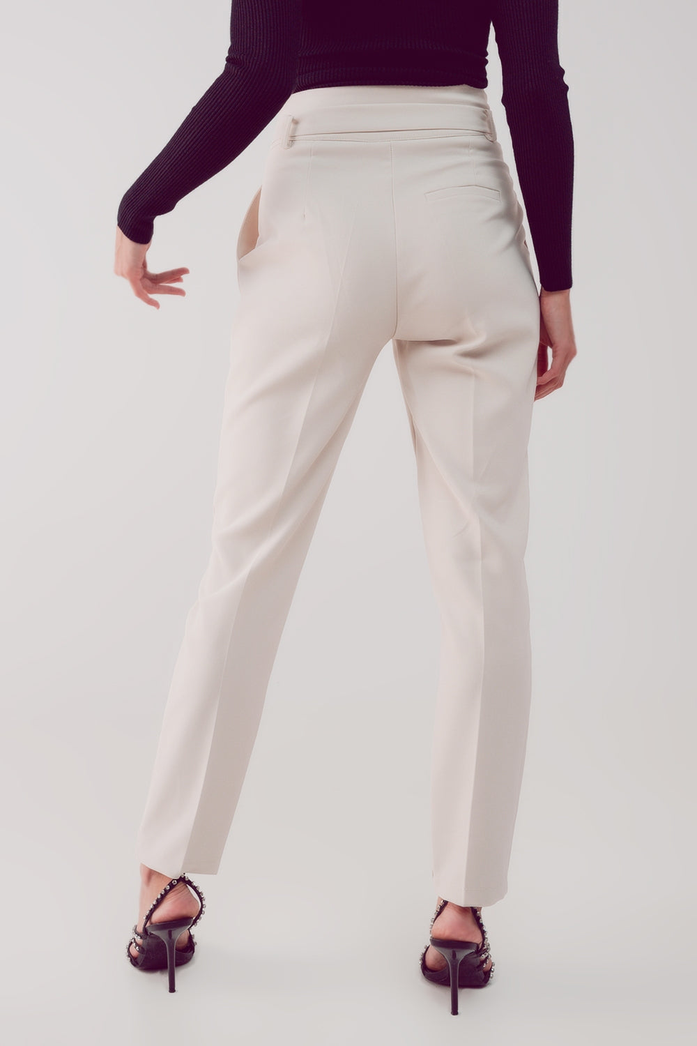 cigarette pants with paper-bag waist in cream