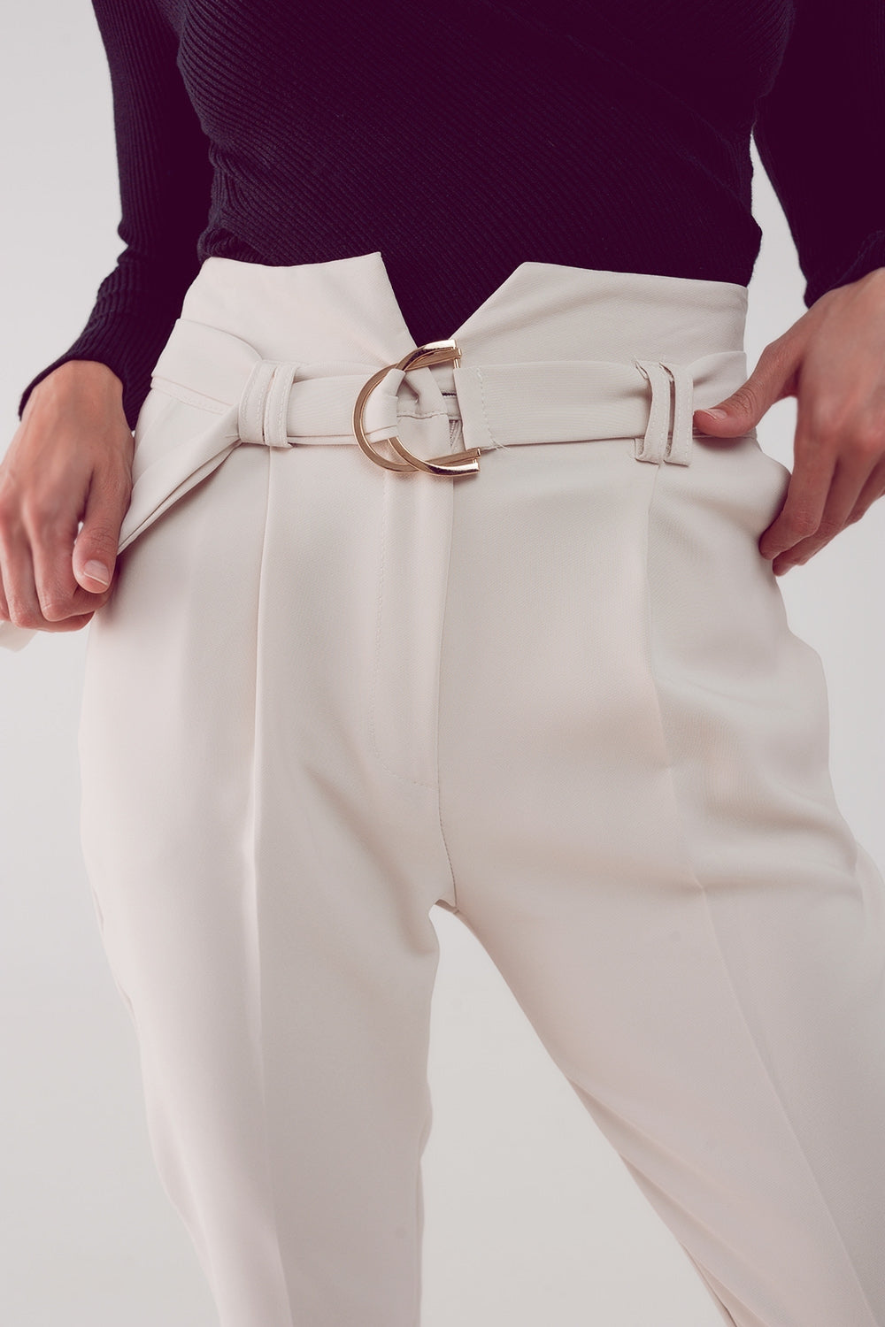 cigarette pants with paper-bag waist in cream