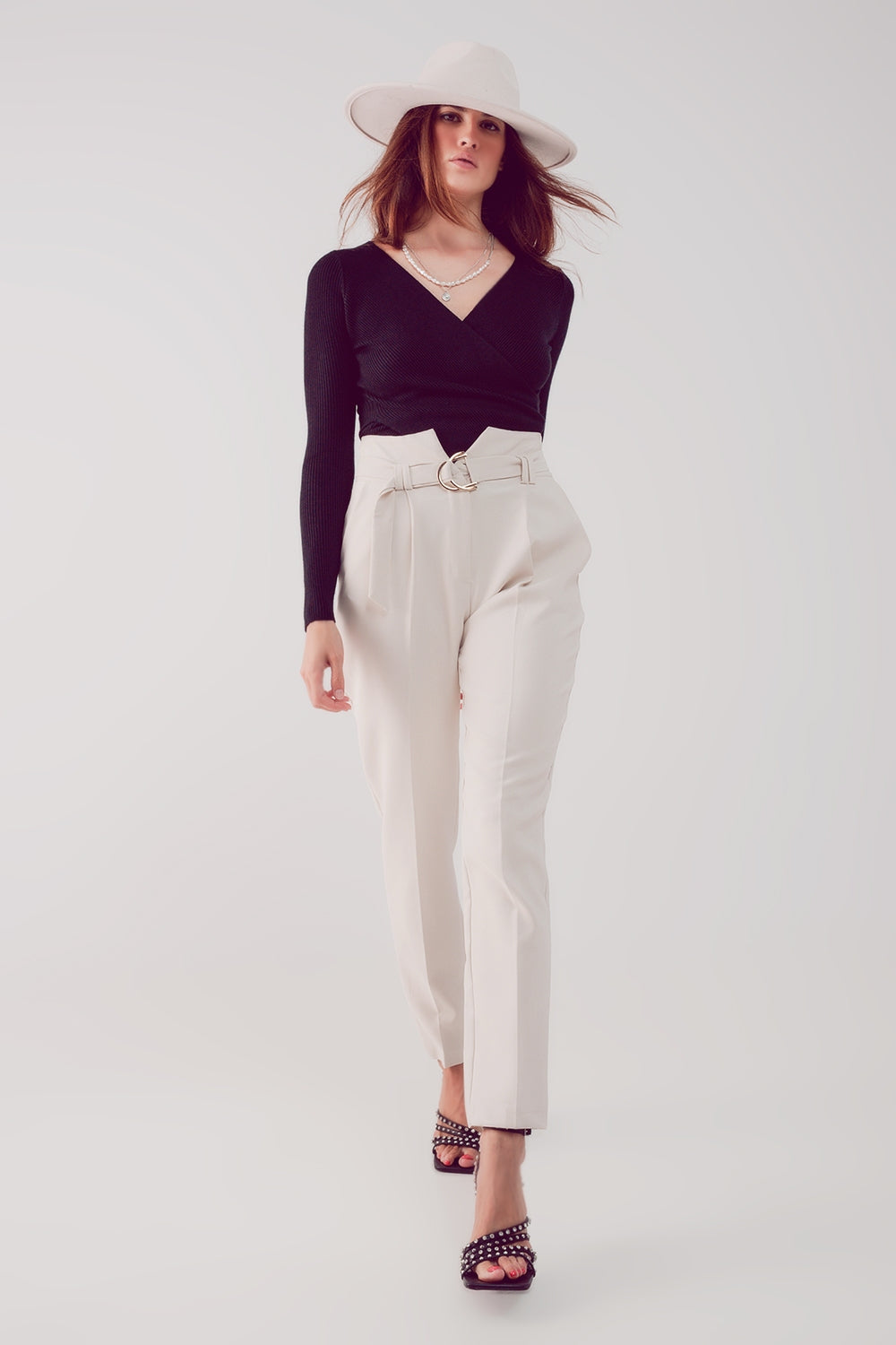 cigarette pants with paper-bag waist in cream