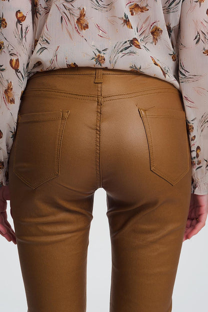 coated skinny pants in camel