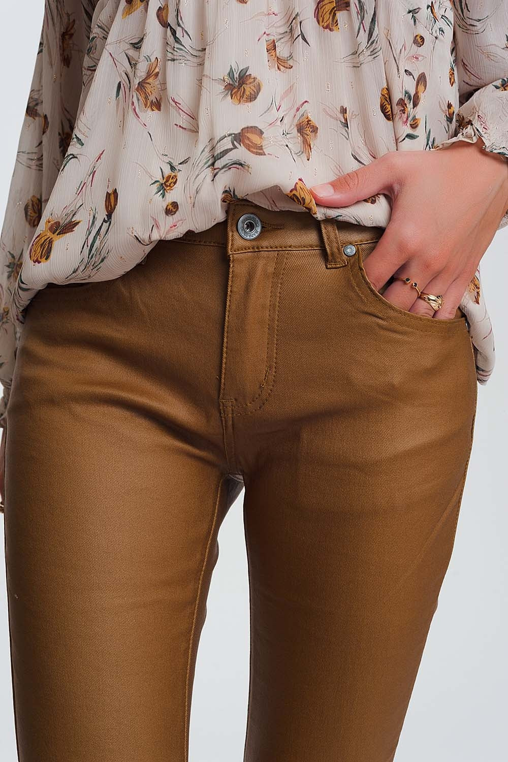 coated skinny pants in camel