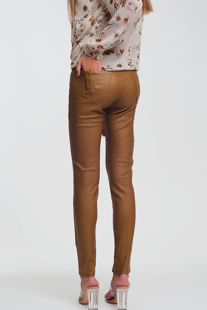 coated skinny pants in camel