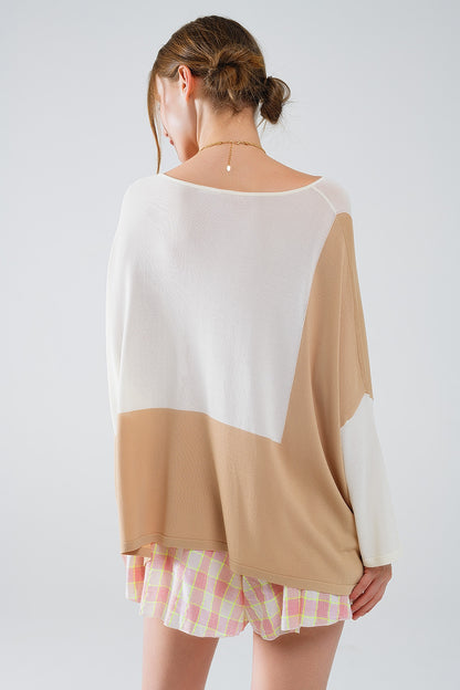 Color Block Bat Wing Sweater In White and Beige