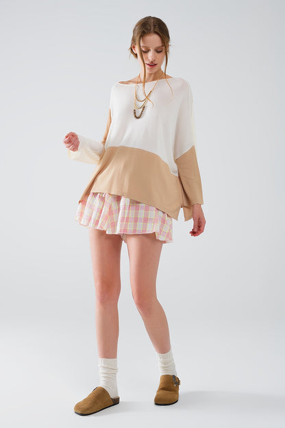 Color Block Bat Wing Sweater In White and Beige