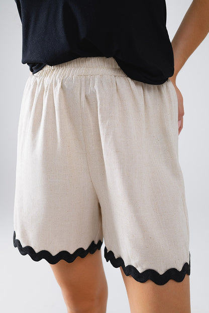 Contrast Scallop Trim Linen Shorts in Beige