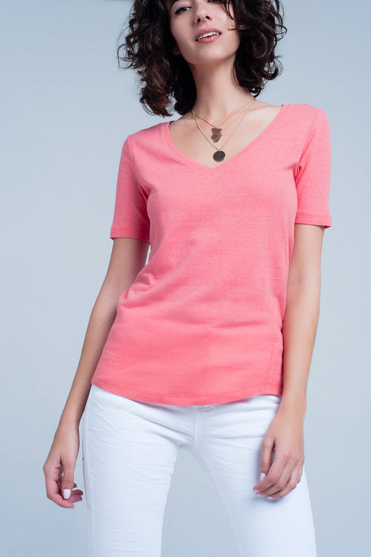 Q2 Coral t-shirt with v-neck