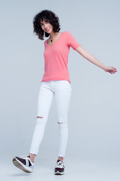 Coral t-shirt with v-neck