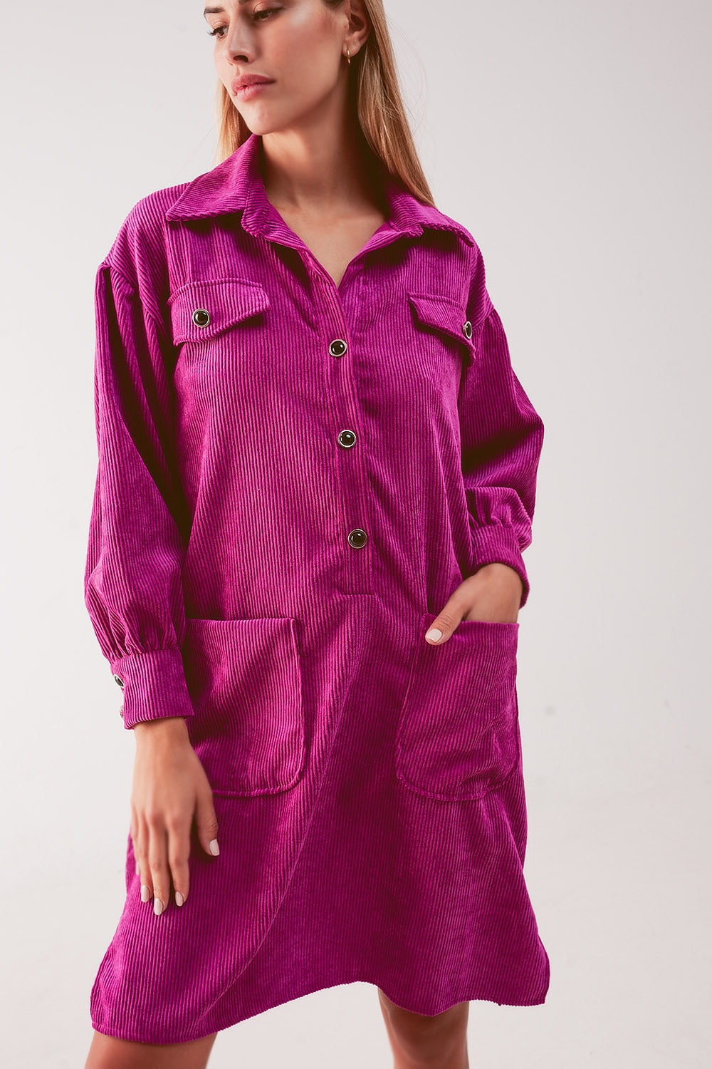 Cord mini shirt dress in fuchsia