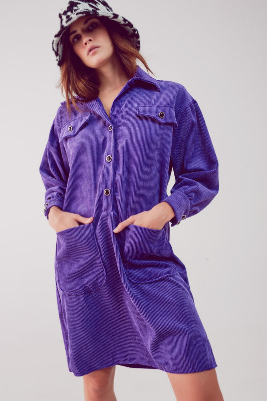 Q2 Cord mini shirt dress in purple