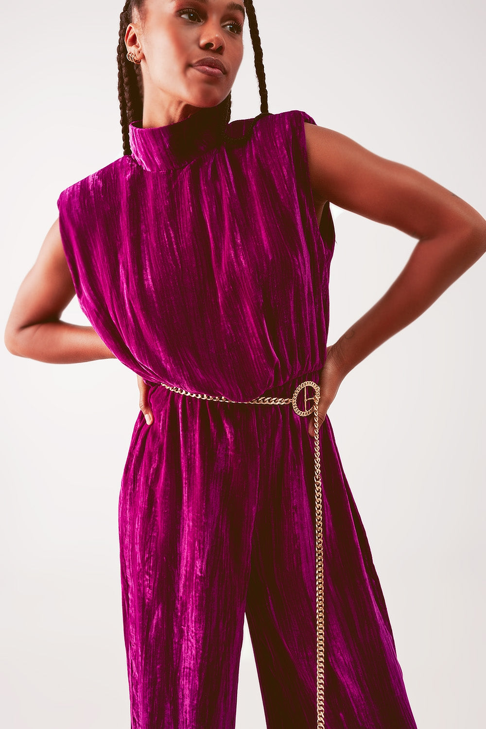 Cord waist belt jumpsuit in purple