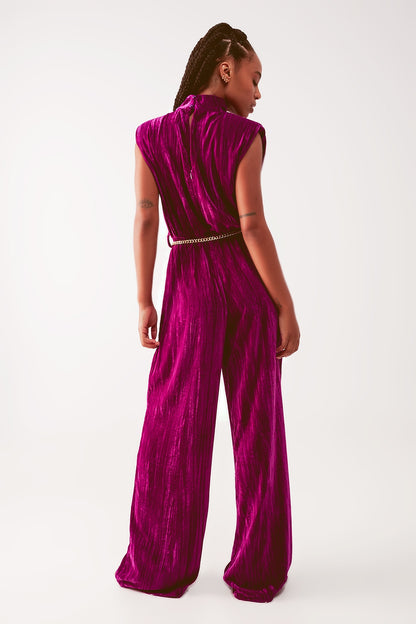 Cord waist belt jumpsuit in purple