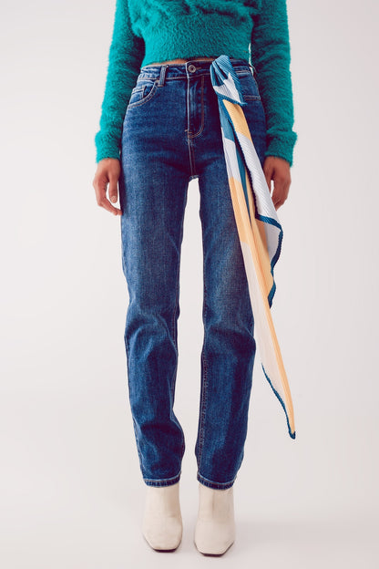 Cotton blend high waist straight leg jeans in deep blue