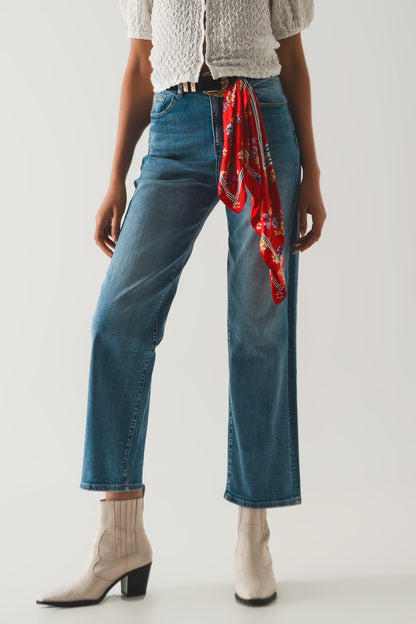 Cotton blend high waist wide leg jeans