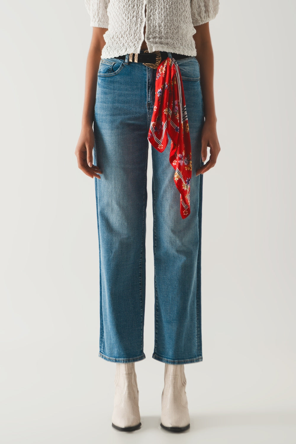 Cotton blend high waist wide leg jeans