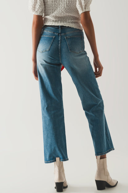 Cotton blend high waist wide leg jeans