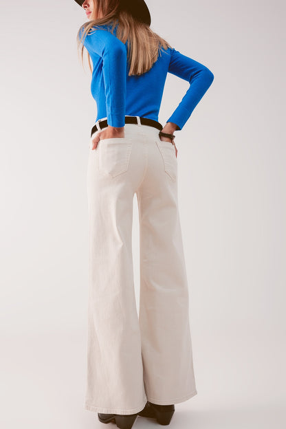 Cotton blend wide leg jeans in beige