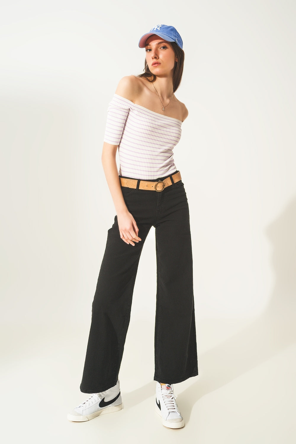 Cotton blend wide leg jeans in black